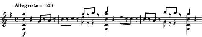 
\relative c''' {
  \version "2.18.2"
  \key g \major
  \tempo "Allegro" 4 = 120
  <g b, d, g,>4\f r g,8[ r a] r |
  b8[ r c] r 
     << { g'8[ r a] r | b4 } \\ { d,8 r r4 | <g b, d, g,>4 } >>
  r4 d8[ r c] r |
  b8[ r a] r 
     << { b'8[ r a] r | g4 } \\ { g,8 r r4 | <g' b, d, g,>4 } >>
  r4
}
