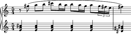  \new GrandStaff <<
    \new Staff \relative c'' {
    \set Score.tempoHideNote = ##t
    \numericTimeSignature
    \tempo 4 = 66
    \set Staff.midiInstrument = #"piano"
    \time 5/4 
    r8 gis'(a b cis b16 a b8 a16 gis a 8 \tuplet 3/2 {gis16 fis e} fis4)
 }
    \new Staff \relative c' {
    \set Staff.midiInstrument = #"piano"
    <e a cis>4 <e a cis> <e a cis> <e a cis> <e a cis> <dis gis bis> 
 }
>>
