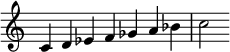  {
\override Score.TimeSignature #'stencil = ##f
\relative c' { 
  \clef treble \time 7/4
  c4 d es f ges a bes c2
} }
