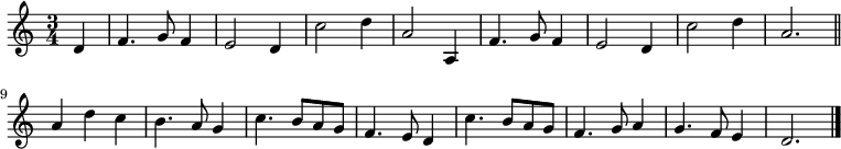 \relative c' { \time 3/4 \partial 4 d f4. g8 f4 e2 d4 c'2 d4 a2 a,4 f'4. g8 f4 e2 d4 c'2 d4 a2. \bar "||" \\
 a4 d c b4. a8 g4 c4. b8 a g f4. e8 d4 c'4. b8 a g f4. g8 a4 g4. f8 e4 d2. \bar "|." }