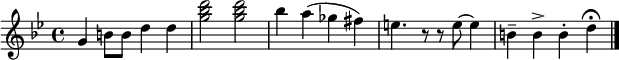 
  \transpose c g \relative c' {
  \key c \minor
  \time 4/4
    c4 e8 e g4 g          % (text after the % is just a comment)
    <c es g>2 <c es g>    % angle brackets create chords
    es4 d( ces b)         % parentheses create slurs
    a4. r8 r8 a8 ~ a4     % r creates rests; ~ creates ties
    e-- e-> e-. g\fermata % accents and other signs
    \bar "|."
  }
