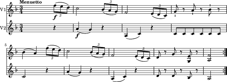 
<<
  \new Staff \with {
       instrumentName = #"V1"
     }
     \relative c'' { 
         \version "2.18.2"
         \clef "treble" 
         \tempo "Menuetto" 
         \key f \major
         \time 3/4
         \tempo 4 = 110
                s2  \tuplet 3/2 {f8\f (e d)} 
                c2 \tuplet 3/2 {bes8 (a g)} 
                f2  \tuplet 3/2 {e8 (d c)} 
                g'-! r8 a-! r8 bes8-! r8 
                bes4 (a) \tuplet 3/2 {f'8 (e d)} 
                c2 \tuplet 3/2 {bes8 (a g)} 
                f2 \tuplet 3/2 {e8 (d c)} 
               d8 r8 g8 r8 <g, e'>8 r8  
               <a f'>2 \bar ":|."
}
\new Staff \with {
         instrumentName = #"V2" }
\relative c'' { 
         \clef "treble" 
         \tempo "Andante" 
         \key f \major
         \time 3/4
           s2 r4
           a4\f (g) r4
           a, (c) r4
           c8 c c c c c
           c2 r4
            a'4 (g) r4
           a, (c) r4
           d8 r8 d8 r8 bes8 r8
           a2 \bar ":|."      
 }
>>
