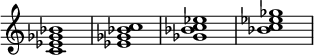 \new Staff \with {\remove "Time_signature_engraver"} {
< c' es' ges' bes' >1
< es' ges' bes' c'' >1
< ges' bes' c'' es'' >1
< bes' c'' es'' ges'' >1 }