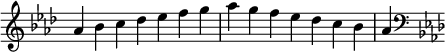   {
\override Score.TimeSignature #'stencil = ##f
\relative c'' {
  \key aes \major \time 7/4 aes4 bes c des es f g aes g f es des c bes aes
  \clef F \key aes \major
} }

