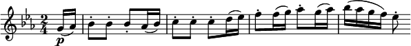  \relative g' {
\key es \major \time 2/4
\partial 8 g16( \p as) | bes8-. bes-. bes-. as16( bes)
c8-. c-. c-. d16( es) | f8-. f16( g) as8-. g16( as)
bes16( as g f) es8-.
} 