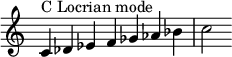  {
\override Score.TimeSignature #'stencil = ##f
\relative c' { 
  \clef treble \time 7/4
  c4^\markup { C Locrian mode } des es f ges aes bes c2

} }
