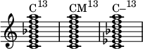 
{
\override Score.TimeSignature #'stencil = ##f
\relative c' {
   \clef treble 
   \time 4/4
   \key c \major
   <c e g bes d f a>1^\markup { \concat { "C" \raise #1 \small  "13" } }
   <c e g b d f a>^\markup { \concat { "CM" \raise #1 \small  "13" } }
   <c ees g bes d f a>^\markup { \concat { "C–" \raise #1 \small  "13" } }
} }
