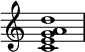 

{
\override Score.TimeSignature #'stencil = ##f
\relative c' {
   \clef treble 
   \time 4/4
   \key c \major
   <c e g a d>1
} }
