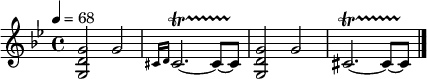 
\relative c' {
  \time 4/4
  \tempo 4=68
  \clef treble
  \key bes \major
  <g d' g>2 g'2 |
  \grace {cis,16 d} cis2.~\startTrillSpan cis8~ cis\stopTrillSpan |
  <g d' g>2 g'2 |
  cis,2.~\startTrillSpan cis8~ cis\stopTrillSpan \bar "|."
}
