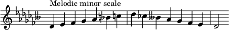  {
\override Score.TimeSignature #'stencil = ##f
\relative c' {
  \clef treble \key des \minor \time 7/4 des4^\markup { Melodic minor scale } es fes ges aes bes c des ces! beses! aes ges fes es des2
} }
