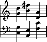   { <<
 \new Staff \with{ \magnifyStaff #4/3 } \relative c' { 
  \key c \major \clef treble \override Score.TimeSignature #'stencil = ##f \time 3/4
   <g' d'> <b fis'> <d, a'>
}
 \new Staff \with{ \magnifyStaff #4/3 } \relative c' { 
  \key c \major \clef bass \override Score.TimeSignature #'stencil = ##f \time 3/4
   <c, g'> <a e'> <f' c'>
} >> } 
