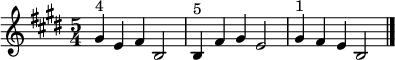  \relative c'' {\set Staff.midiInstrument = #"tubular bells" \time 5/4  \key e \major gis4^"4" e fis b,2 | b4^"5" fis' gis e2 | gis4^"1" fis e b2\bar "|."|}