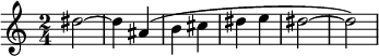  \relative c'' {
    \set Score.tempoHideNote = ##t
    \numericTimeSignature
    \tempo 4 = 160
    \time 2/4
    \set Staff.midiInstrument = #"alto sax"
    dis2 ~ dis4 ais (b cis dis e dis2 ~ dis)
 }
