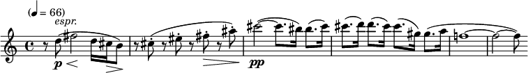  \new Staff \relative c'' {
  \clef treble \time 4/4 \key c \major \tempo "" 4=66 \set Staff.midiInstrument = #"oboe"
  r8 d-\p^\markup{\italic"espr."}\<(fis2\! d16 cis\> b8\!)
  r8 cis-.( r8 eis-. r8 fis-.\> r8 ais-.) cis2-\pp~(cis8. bis16) bis8.(cis16) cis8.(d16) d8.(cis16) cis8.(gis16) gis8.(a16 f!1~f2~f8)
} 