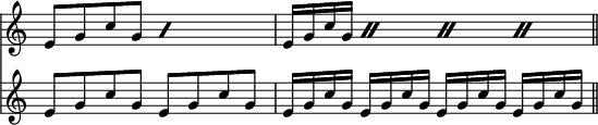 
\relative c' << { \override Score.TimeSignature #'stencil = ##f } \time 4/4 \new staff { \repeat percent 2 { e8[ g c g] } | \repeat percent 4 { e16 g c g } \bar "||" } \new staff { e8 g c g e g c g | e16 g c g e g c g e g c g e g c g } >>
