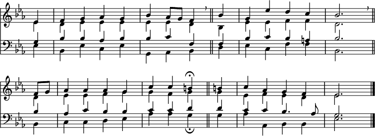 
<< <<
\new Staff { \clef treble \time 4/4 \partial 4 \key es \major \set Staff.midiInstrument = "flute" \omit Staff.TimeSignature \set Score.tempoHideNote = ##t \override Score.BarNumber #'transparent = ##t
 \relative c'
 << { es4 | f g as g | bes as8 g f4 \breathe \bar"||" bes | g es' d c | bes2. \breathe \bar"||" \break
 f8 g | as4 as as g | c c b\fermata \bar"||" b! | c as g f | es2. \bar"|." } \\
 { es4 | d es es es | es es d bes | es es f f | d2.
 d4 | es es f g | g f g g | es f es d | es2. } >>
}
\new Staff { \clef bass \key es \major \set Staff.midiInstrument = "flute" \omit Staff.TimeSignature
 \relative c'
 << { g4 | bes bes as bes | bes c f, f | bes c bes a | bes2.
 bes4 | as c bes bes | c c d d | c c bes4. as8 | g2. } \\
 { es4 | bes es c es | g, as bes d | es c f f | bes,2.
 bes4 | c c d es | as as g\fermata g | as as, bes bes | es2. } >>
}
>> >>
\layout { indent = #0 }
\midi { \tempo 4 = 88 }
