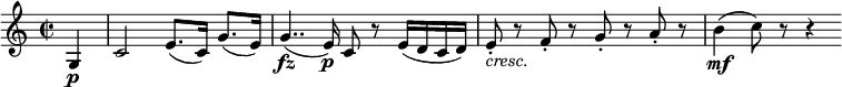 
\relative g {
\key c \major \time 2/2
\partial 4 g4 \p | c2 e8.([ c16)] g'8.( e16)
g4..( \fz e16) \p c8 r e16( d c d)
e8-. _\markup{ \italic "cresc."} r f-. r g-. r a-. r | b4( \mf c8) r r4
} 