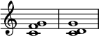 

{
\override Score.TimeSignature #'stencil = ##f
\relative c' {
   \clef treble 
   \time 4/4
   \key c \major
   <c f g>1 <c d g>1
} }
