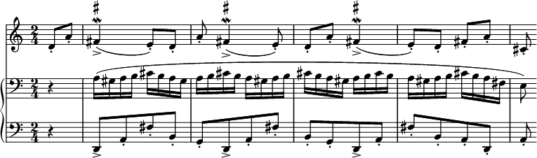   <<
    \new Staff \relative c' {
    \set Score.tempoHideNote = ##t
    \numericTimeSignature
    \tempo 4 = 160
    \set Staff.midiInstrument = #"alto sax"
    \time 2/4 
    \partial 4 
    d8-. a'-. fis4->\mordent^\markup { \sharp } (e8-.) d-. a'-. fis4->\mordent^\markup { \sharp }  (e8-.) d-. a'-. fis4->\mordent^\markup { \sharp }  (e8-.) d-. fis-. a-. cis,-.  
 } 
    \new GrandStaff <<
    \new Staff = "a" \relative c' {
    \set Staff.midiInstrument = #"piano"
    \clef bass
    r4 a16 (gis a b cis b a gis a b cis b a gis a b cis b a gis a b cis b a gis a b cis b a fis e8)
 }
    \new Staff = "b" \relative c, {
    \set Staff.midiInstrument = #"piano"
    \clef bass
    r4 d8-> [a'-. fis'-. b,-.] g-. [d8-> a'-. fis'-.] b,-. [g-.  d8-> a'-.] fis'-. [b,-. a-. d,-.] a'-.
 }
 >>
>>
