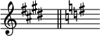 { \omit Score.TimeSignature \key e \major s8^"" \bar "||" \key g \major s^""}