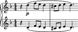 \version "2.14.1"
\layout {
	#(layout-set-staff-size 18)
}
\relative c'' {
	\new PianoStaff <<
		\new Staff {
			\key f \major
			\numericTimeSignature
			r4 d\p\( f8 e d4
			cis8 d e4 d4.\)
		}
		\new Staff {
			\key f \major
			\numericTimeSignature
			r4 d,\( f8 e d4
			cis8 d e4 d4.\)
		}
	>>
}