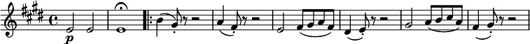 
\relative e' { \key e \major \time 4/4
e2 \p e | e1 \fermata \bar ".|:"
b'4( gis8-.) r r2 | a4( fis8-.) r r2 | e2 fis8( gis a fis) | dis4( e8-.) r r2
gis2 a8( b cis a) | fis4( gis8-.) r r2
} 