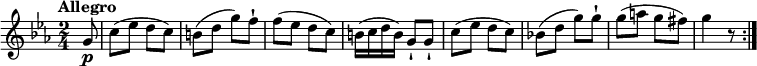 
  \relative c'' {
    \version "2.18.2"
    \key ees \major 
    \tempo "Allegro"
    \time 2/4
    \tempo 4 = 120
     \partial 8 g8\p c (ees d c)
    b (d g) f-!
    f (ees d c)
    b16 (c d b) g8-! g-!
    c (ees d c)
     bes! (d g) g-!
     g (a g fis)
     g4 r8
    \bar ":|."
}
