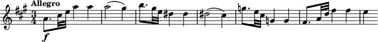 
\relative c'' {
  \override Score.NonMusicalPaperColumn #'line-break-permission = ##f
  \tempo "Allegro"
  \key a \major
  \time 3/4
  a8.\f cis32 e a4 a |
  a2( gis4) |
  b8. gis32 e dis4 dis |
  dis2( cis4) |
  g'8. e32 cis g4 g |
  fis8. a32 d fis4 fis |
  e4
}
