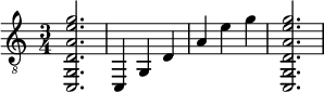  {
\clef "treble_8"
\time 3/4
<c, g, d a e' g'>2.
<c, >4
<g, >4
<d  >4
<a >4
<e' >4
<g' >4
<c, g, d a e' g'>2.
}
