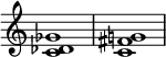  {

\override Score.TimeSignature #'stencil = ##f
\relative c' { 
  \clef treble \time 4/4
  <c des ges>1 <c fis g!>
} }
