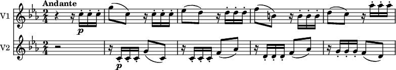 
<<
  \new Staff \with { instrumentName = #"V1 "}
  \relative c'' {
     \version "2.18.2"
     \key ees \major
     \tempo "Andante"
     \time 2/4
    \tempo 4 = 50		
    r4 r16 c16-.\p c-. c-.
   g'8 (c,)  r16 c16-. c-. c-.
   ees8 (d) r16 d16-. d-. d-.
   f8 (b,) r16 b16-. b-. b-.
   d8 (c) r16 aes'16-. aes-. aes-.
  }
  \new Staff \with { instrumentName = #"V2 "}
  \relative c'' {
    \key ees \major
    \time 2/4
    r2 r16 c,16-.\p c-. c-. g'8 (c,)
   r16 c16-. c-. c-. f8 (aes)
   r16 d,16-. d-. d-. f8 (aes)
   r16 g16-. g-. g-. f8 (d)
  }
>>
