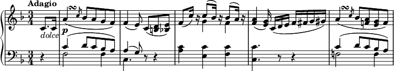 
\new PianoStaff <<
  \new Staff \relative c' {
    \tempo "Adagio"
    \key f \major \time 3/4
    \partial 4 c8._\markup { \italic dolce } c16 |
    \once \override Script.X-offset = 2.75
    \once \override Script.Y-offset = 2.75
    a'4\turn( \slashedGrace c8 bes a g f) |
    f4( e8)\noBeam c( <b d> <bes e>) |
    f'8( c'16) r << { c8( bes16) b\rest bes8( a16) b\rest } \\ { g4 f } >> |
    <f a>4( <e g>16)\noBeam c( d e f fis g gis) |
    \once \override Script.X-offset = 2.75
    \once \override Script.Y-offset = 2.75
    a4\turn( \slashedGrace c8 bes <a f!> <g e> f) |
  }
  \new Dynamics { s4 | s2.\p }
  \new Staff \relative c' {
    \key f \major \clef bass
    r4 |
    << { c4( d8 c bes a) | a4( g8) } \\ { f2 f4 | c4. } >> r8 r4 |
    <a' c>4 <e c'> <f c'> |
    <c c'>4. r8 r4 |
    << { c'4( d8 c bes a) } \\ { f!2 f4 } >>
  }
>>
