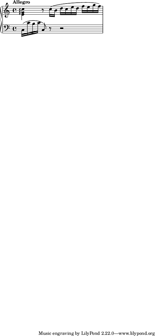  \new PianoStaff <<\new Staff = "up" {\tempo "Allegro" \relative c' { \clef treble \stemDown <e g c>\arpeggio r8 c'16^( b d c e d f e g f)}} \new Staff = "down" {\relative c {\clef bass c16( c' b c c,8) r8 r2}}>>