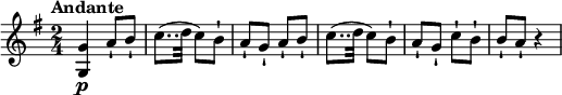 
\relative c'' {
  \version "2.18.2"
  \key g \major
  \time 2/4
  \tempo "Andante"
  < g, g'>4\p a'8-! b-! c8..
(d32 c8) b-! a-! g-! a-! b-! c8..
(d32 c8) b-! a-! g-! c-! b-! b-! a-! r4
}
