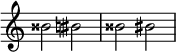  {
\override Score.TimeSignature #'stencil = ##f
\relative c'' { 
  \clef treble \time 4/4 bisis2 bis \accidentalStyle modern bisis2 bis
} }
