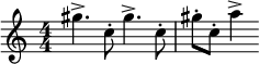  \relative c''' {
    \set Score.tempoHideNote = ##t
    \numericTimeSignature
    \tempo 4 = 126
    \set Staff.midiInstrument = #"alto sax"
    gis4.-> c,8-. gis'4.-> c,8-. gis'-. c,-. a'4->
 }
