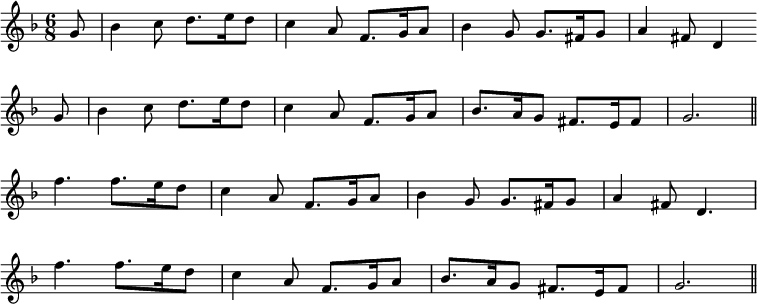 

\new Staff {
  \time 6/8
  \clef treble
  \key g \dorian
  \tempo 8=140
  \set Score.tempoHideNote = ##t
  \override Score.BarNumber  #'transparent = ##t 
  \relative c'' {
    \partial8 g8 |
    bes4 c8 d8. e16 d8 |
    c4 a8 f8. g16 a8 |
    bes4 g8 g8.fis16 g8 |
    a4 fis8 d4 \bar "" \break
    g8 |
    bes4 c8 d8. e16 d8 | % bar 5
    c4 a8 f8. g16 a8 |
    bes8. a16 g8 fis8. e16 fis8 |
    g2. \bar "||" \break
    f'4. f8. e16 d8 |
    c4 a8 f8. g16 a8 | % bar 10
    bes4 g8 g8. fis16 g8 |
    a4 fis8 d4. | \break
    f'4. f8. e16 d8 |
    c4 a8 f8. g16 a8 |
    bes8. a16 g8 fis8. e16 fis8 | % bar 16
    g2. \bar "||"
}
}
