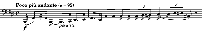  \relative c { \clef bass \time 4/4 \set Staff.midiInstrument = #"bassoon"  \tempo "Poco più andante" 4=92 \key b \minor \partial 16*1 b,16\f( \bar "||" fis'8)[ r16 fis] b,4->~ b8._\markup { \italic pesante } cis16 d8. e16 | fis8. d16 a'8 a a-> a-> \times 2/3 { a-> b-> bis-> } | cis4->~( \times 2/3 { cis8 d dis } ais) r } 