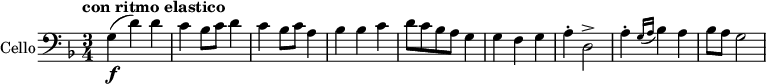 
{
  <<    
    \new Staff = "Cello" \with {
      instrumentName = "Cello"
    }
    {
      \set Staff.midiInstrument = #"cello"
      \clef bass
      \key d \minor
      \time 3/4
      \relative c {
        \tempo "con ritmo elastico"
        (g'4\f  d')  d  |
        c bes8 c d4 |
        c bes8 c a4 )|
        bes4 bes c |
        d8 c bes a g4 |
        g4 f g |
        a4-\staccato d,2-\accent |
        a'4-\staccato \grace { (g16 a } bes4) a |
        bes8 a g2 |
      }
    }
  >>
}
