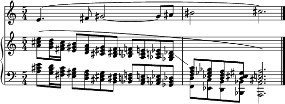   <<
    \new Staff \relative c' {
    \set Score.tempoHideNote = ##t
    \numericTimeSignature
    \tempo 4 = 66
    \set Staff.midiInstrument = #"alto sax"
    \time 5/4 
    e4. (fis8 gis2 ~ gis8 ais bis2 cis2.)
 }
    \new GrandStaff <<
    \new Staff = "a" \relative c'' {
    \set Staff.midiInstrument = #"piano"
    \showStaffSwitch
    <a cis e>8(<g b d>16 <fis a cis> <e gis b>8 [<d fis a> <cis eis gis> <b dis fis>] <bes d f> [<a cis e> <aes c ees> <ges bes des>] 
    \change Staff = "b"
    \stemUp
    <f a c> [<ees ges bes> <d f a> <d eis gis>] <cis e a>2.)
 }
    \new Staff = "b" \relative c' {
    \set Staff.midiInstrument = #"piano"
    \clef bass
    <a cis e>8<g b d>16 <fis a cis> <e gis b>8 [<d fis a> <cis eis gis> <b dis fis>] <bes d f> [<a cis e> <aes c ees> <ges bes des>] 
    \stemDown
    <f d'> [<ees c'> <d b'> <bes bes'>] <a a'>2.
    \bar "|."
 }
 >>
>>
