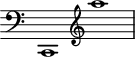 
\header { 
  tagline = ##f
\version "2.16.2"
}

\score {
  \new Staff \with {
    \remove "Time_signature_engraver"
  }
  \relative c {
    \key c \major
    \time 2/1
    \autoBeamOff
    \set Staff.midiInstrument = "harpsichord"
    \clef bass
    \override Rest #'style = #'classical
  c,1
  \clef treble
  a''''
  }
  \layout {
    \context {
      \Score
      \remove "Metronome_mark_engraver"
    }
  }
  \midi {}
}
