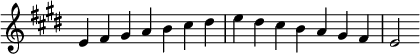   {
\override Score.TimeSignature #'stencil = ##f
\relative c' {
  \clef treble \key e \major \time 7/4 e4 fis gis a b cis dis e dis cis b a gis fis e2
} }
