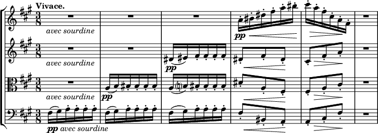 
\new StaffGroup <<
 \new Staff { \relative c' { \key fis \minor \time 3/8 \tempo  "Vivace."
  \set Staff.midiInstrument = "violin"
  \set Score.tempoHideNote = ##t \tempo 4. = 88
  R2*3/4*3_\markup{ \italic {avec sourdine} }
  a'16-.\pp \< bis-. dis-. fis-. a-. << bis-. { s32 s\! } >> << cis16-. { s32 s\> } >> a16-. fis-. cis-. a-.\! fis-. R2*3/4 } }
 \new Staff { \relative c' { \key fis \minor \time 3/8
  \set Staff.midiInstrument = "violin"
  R2*3/4*2_\markup{ \italic {avec sourdine} } dis16\pp( eis) fis-. fis-. fis-. fis-.
  << dis8-. {s32 s16.\<} >> fis8-. << dis-. { s16\! s } >> << cis8-. { s16 s\> } >> fis8-. a-.\! R2*3/4 } }
 \new Staff { \relative c' { \key fis \minor \time 3/8 \clef C
  \set Staff.midiInstrument = "violin"
  R2*3/4_\markup{ \italic {avec sourdine} } a16\pp( b) bis-. bis-. bis-. bis-. a( b?) bis-. bis-. bis-. bis-.
  << dis8-. {s32 s16.\<} >> a8-. << fis-. { s16\! s } >> << fis8-. { s16 s\> } >> a8-. cis-.\! R2*3/4 } }
 \new Staff { \relative c' { \key fis \minor \time 3/8 \clef bass
  \set Staff.midiInstrument = "cello"
  fis,16_\markup{ \dynamic pp \italic {avec sourdine} }( gis) a-. a-. a-. a-. fis( gis) a-. a-. a-. a-. fis( gis) a-. a-. a-. a-.
  << fis8-. {s32 s16.\<} >> bis,8-. << a-.{ s16\! s } >> << a8-. { s16 s\> } >> cis8-. fis-.\! R2*3/4 } }
>>
