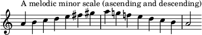  {
\override Score.TimeSignature #'stencil = ##f
\relative c'' {
  \clef treble \key a \minor \tempo 4 = 360 \set Score.tempoHideNote = ##t \time 7/4
  a4^\markup "A melodic minor scale (ascending and descending)" b c d e fis gis a g! f! e d c b a2
} }
