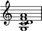 
{
\override Score.TimeSignature #'stencil = ##f
\relative c' {
   \clef treble
   \time 4/4
   \key c \major
   <g c d f a>1
} }
