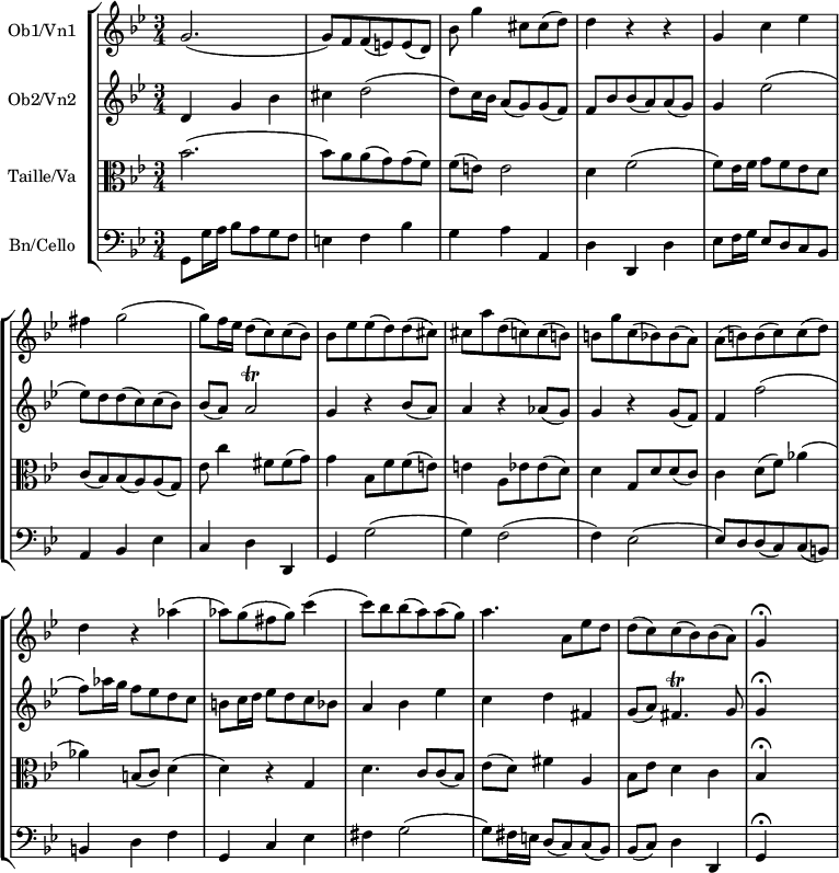 
\new StaffGroup <<
\override Score.BarNumber #'transparent = ##t
\new Staff  \with { instrumentName = "Ob1/Vn1" } \transpose c c'
  {\clef treble
  \key g \minor
  \time 3/4
  \set Staff.midiInstrument = "oboe"
  g2. (| g8) f f(e) e (d)| bes g'4 cis'8 cis' (d') | d'4 r r | g c' es' | fis' g'2 ( |
  g'8) f'16 es' d'8 (c') c' (bes)  | bes es' es' (d') d' (cis')| cis' a' d'(c') c' (b) |
  b g' c' (bes) bes (a)| a (b) b(c') c'(d')| d'4 r aes'( | aes'8) g'( fis' g') c''4( |
  c''8) bes' bes'(a') a'(g') | a'4. a8 es' d' | d' (c') c' (bes) bes (a) | g4\fermata s s | }
 \new Staff \with { instrumentName = "Ob2/Vn2" }  \transpose c c'
  {\clef treble
  \time 3/4
  \key g \minor
  \set Staff.midiInstrument = "viola"
  d4 g bes | cis' d'2 (| d'8) c'16 bes a8 (g) g (f) | f bes bes (a) a (g) | g4 es'2 ( |
  es'8) d' d' (c') c' (bes) | bes (a) a2\trill | g4 r bes8 (a) | a4 r aes8 (g) | g4 r g8 (f) |
  f4 f'2 ( | f'8) aes'16 g' f'8 es' d' c' | b c'16 d' es'8 d' c' bes | a4 bes es' |
  c' d' fis | g8 (a) fis4.\trill g8 | g4\fermata  s s| }
  \new Staff\with { instrumentName = "Taille/Va" }  \transpose c c'
  {\clef alto
  \key g \minor
  \time 3/4
  \set Staff.midiInstrument = "english horn"
  bes2.( | bes8) a a (g) g(f) | f (e) e2 | d4 f2 ( | f8) es16 f g8 f es d | c (bes,) bes, (a,) a, (g,) |
  es8 c'4 fis8 fis (g) | g4 bes,8 f f(e) | e4 a,8 es es (d) | d4 g,8 d d (c) |
  c4 d8 (f) aes4 ( | aes) b,8 (c) d4 ( | d) r g, | d4. c8 c (bes,) | es (d) fis4 a, |
  bes,8 es d4 c | bes,\fermata s s| }
\new Staff \with { instrumentName = "Bn/Cello" } {
  \clef bass
  \key g \minor
  \time 3/4    
  \set Staff.midiInstrument = "bassoon"
  g,8 g16 a bes8 a g f | e4 f bes | g a a, | d d, d | es8 f16 g es8 d c bes, | a,4 bes, es |
  c d d, | g, g2 (| g4) f2 ( | f4) es2 ( | es8) d d (c) c (b,)| b,4 d f | g, c es |
  fis g2 ( | g8) fis16 e d8 (c) c (bes,) | bes, (c) d4 d, | g,\fermata s s | }
  >>
  \layout { indent =  2\cm }
  \midi {\tempo 4 = 72 }
