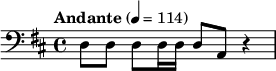 
\relative { \set Staff.midiInstrument = #"electric bass (finger)"
  \clef bass
  \key d \major
  \time 4/4
  \tempo "Andante" 4 = 114
   d8 d8 d8 d16 d16 d8[ a8] r4
}
 