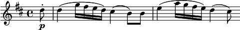  { \relative d'' { \key b \minor \time 4/4
\partial 8 d8-. \p | d4( g16( fis e d) cis4( b8) b | e4( a16 g fis e) d4( cis8) }} 