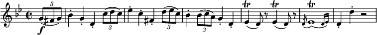 
  \relative g' {
  \key g \minor \time 2/2 \override TupletBracket.bracket-visibility = ##f
  \partial 4 \times 2/3 { g8( \f fis g) }
  bes4-. g-. d-. \times 2/3 { c'8( d c) }
  es4-. c-. fis,-. \times 2/3 { d'8( es c) }
  bes4-. \times 2/3 { bes8( c a) } g4-. d-.
  es4( \trill d8) r es4( \trill d8) r
  \acciaccatura d8 \afterGrace es1( \trill {d16 es) }
  d4-. d'-. r2
} 