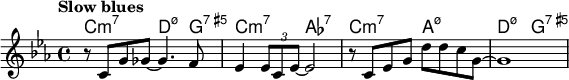 
\relative c' { 
<<
\new ChordNames { 
\set chordChanges = ##t
\chordmode { c2:m7 d4.:m7.5- g8:7.5+ | c2:m7 aes:7 | c:m7 a:m7.5- d:m7.5- g:7.5+}
}
\new Staff {
\tempo "Slow blues"
\key ees \major
r8 c g' ges~ ges4. f8 | ees4 \times 2/3 { ees8 c ees~ } ees2 | r8 c ees g d' d c g~ | g1 
}
>>
}
